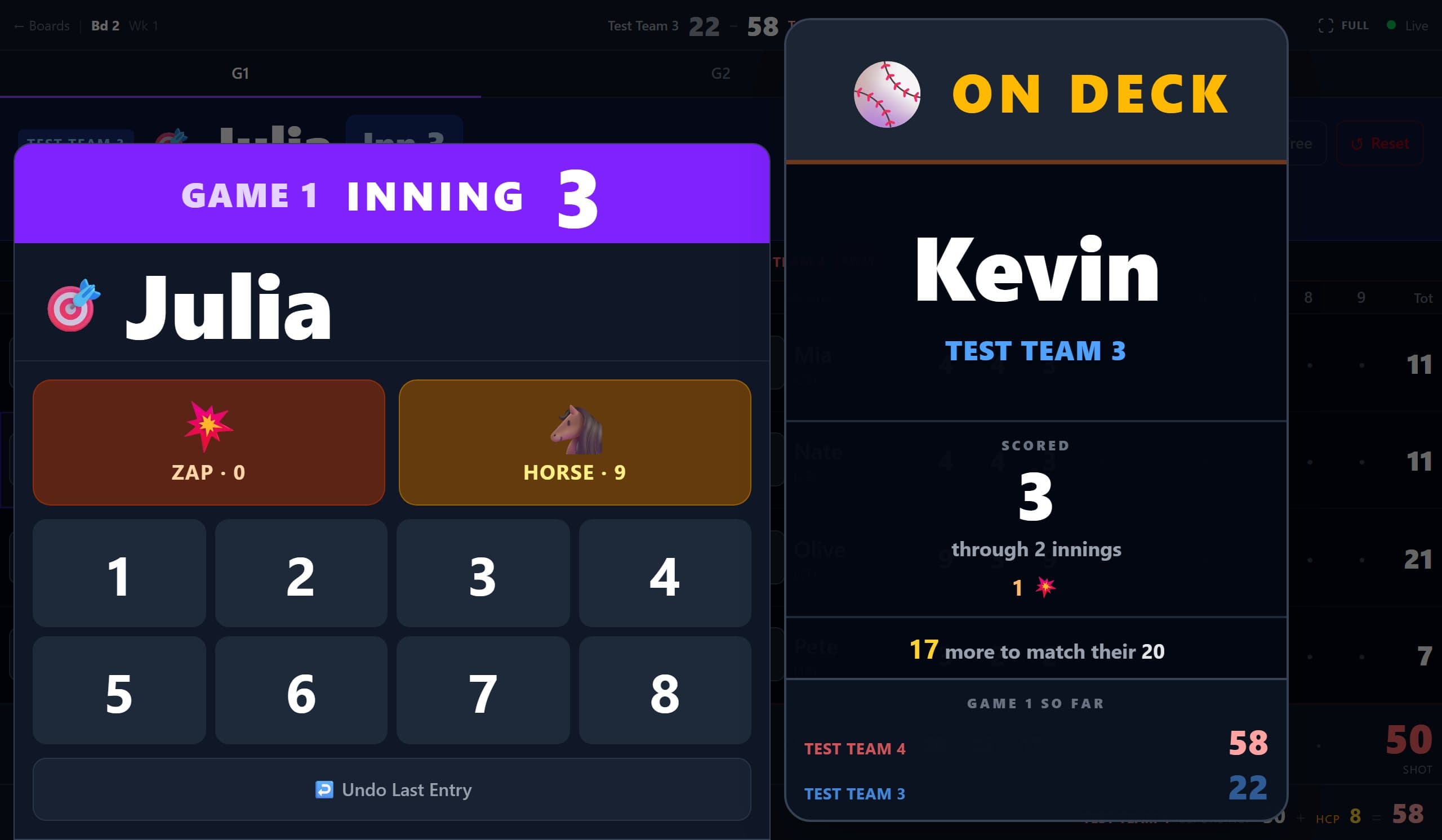 Live scoring on a tablet: a big keypad with ZAP, HORSE and the numbers 1 to 8, and beside it the On Deck panel with the next shooter and the game so far.